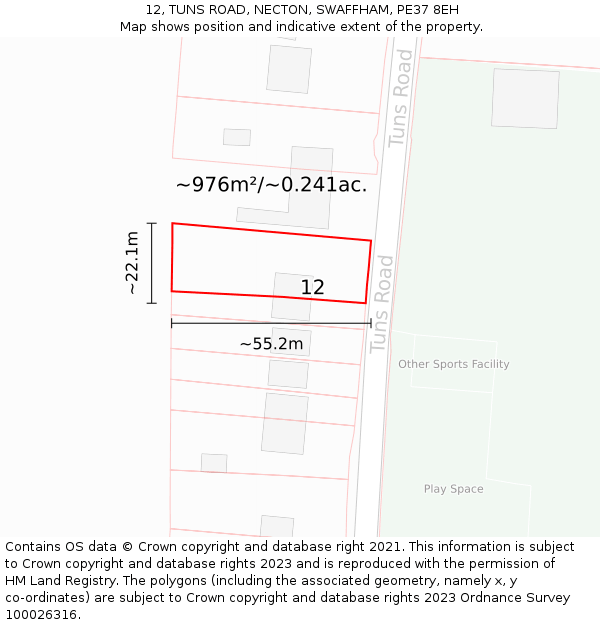 12, TUNS ROAD, NECTON, SWAFFHAM, PE37 8EH: Plot and title map
