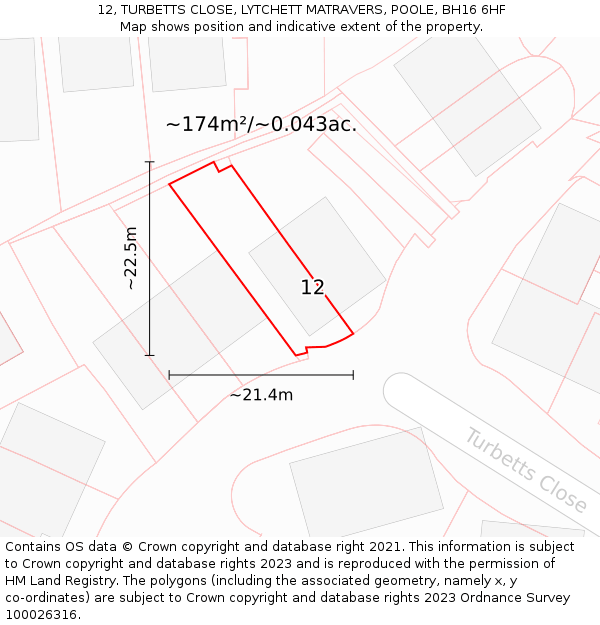 12, TURBETTS CLOSE, LYTCHETT MATRAVERS, POOLE, BH16 6HF: Plot and title map