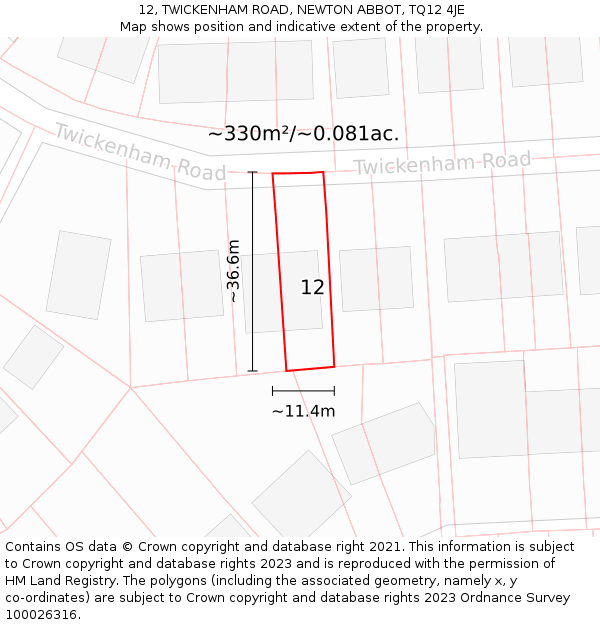 12, TWICKENHAM ROAD, NEWTON ABBOT, TQ12 4JE: Plot and title map