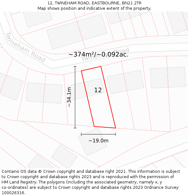 12, TWINEHAM ROAD, EASTBOURNE, BN21 2TR: Plot and title map