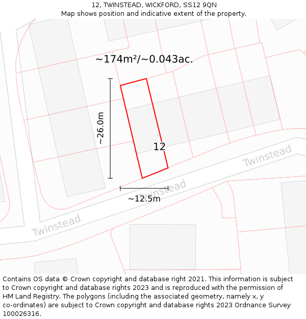 12, TWINSTEAD, WICKFORD, SS12 9QN: Plot and title map