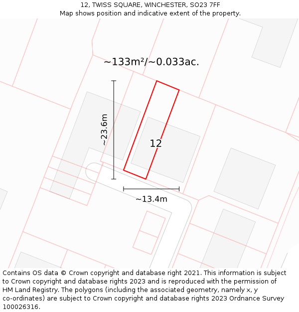 12, TWISS SQUARE, WINCHESTER, SO23 7FF: Plot and title map