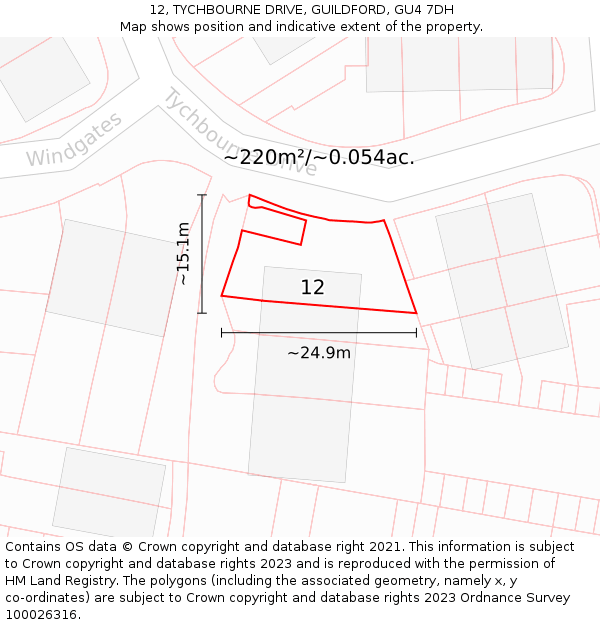 12, TYCHBOURNE DRIVE, GUILDFORD, GU4 7DH: Plot and title map