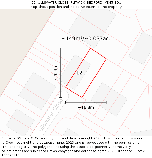 12, ULLSWATER CLOSE, FLITWICK, BEDFORD, MK45 1QU: Plot and title map