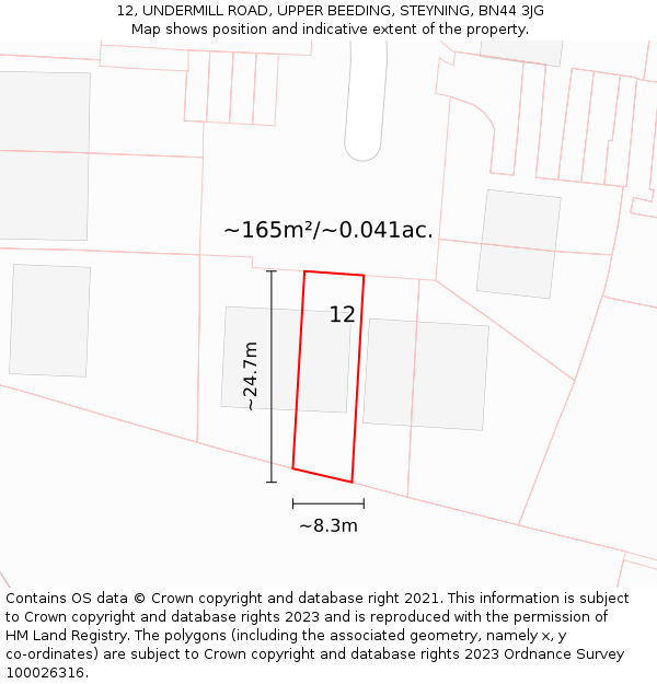 12, UNDERMILL ROAD, UPPER BEEDING, STEYNING, BN44 3JG: Plot and title map