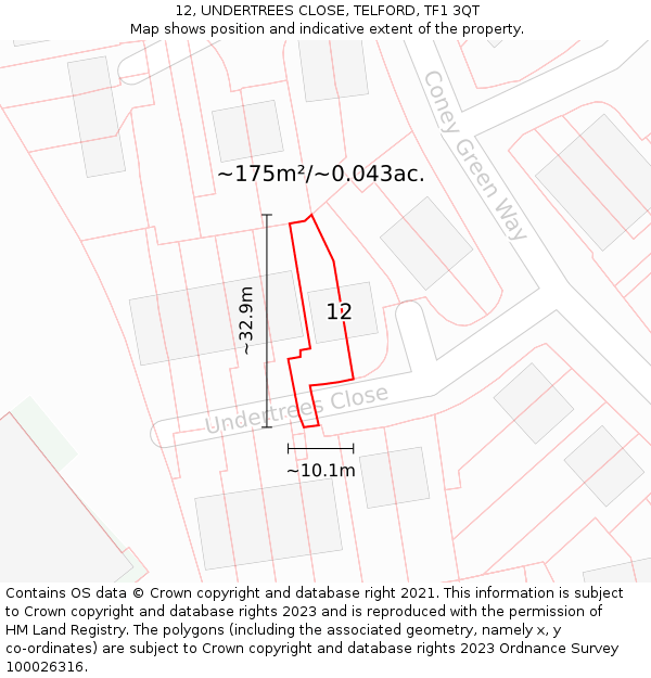 12, UNDERTREES CLOSE, TELFORD, TF1 3QT: Plot and title map