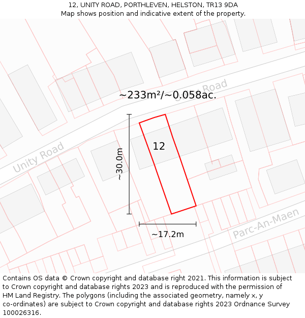 12, UNITY ROAD, PORTHLEVEN, HELSTON, TR13 9DA: Plot and title map