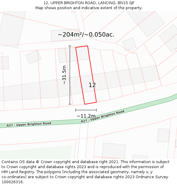 12, UPPER BRIGHTON ROAD, LANCING, BN15 0JF: Plot and title map
