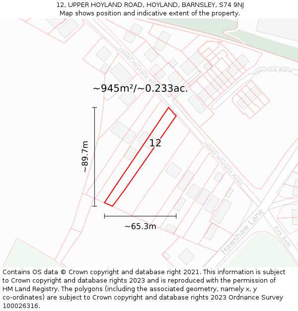12, UPPER HOYLAND ROAD, HOYLAND, BARNSLEY, S74 9NJ: Plot and title map