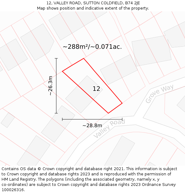 12, VALLEY ROAD, SUTTON COLDFIELD, B74 2JE: Plot and title map