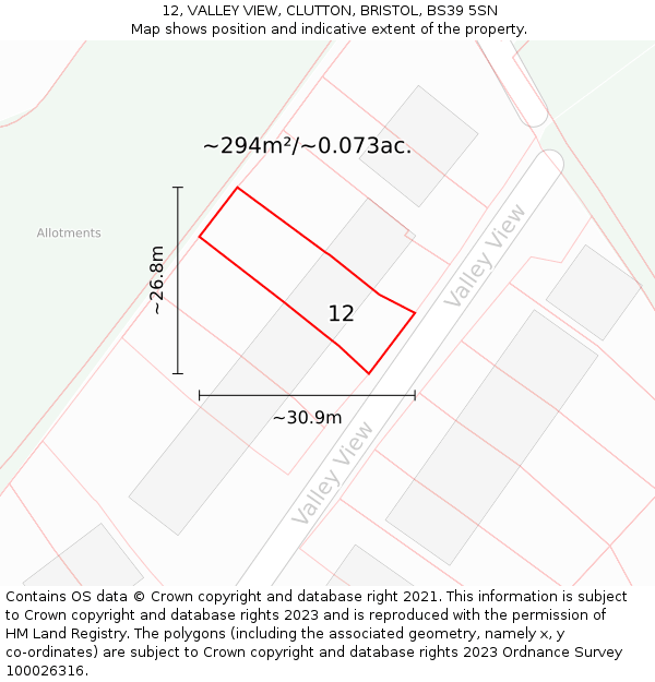 12, VALLEY VIEW, CLUTTON, BRISTOL, BS39 5SN: Plot and title map
