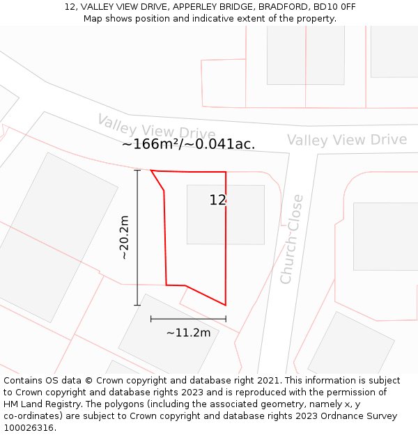 12, VALLEY VIEW DRIVE, APPERLEY BRIDGE, BRADFORD, BD10 0FF: Plot and title map