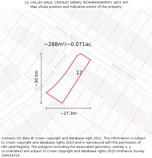 12, VALLEY WALK, CROXLEY GREEN, RICKMANSWORTH, WD3 3SY: Plot and title map