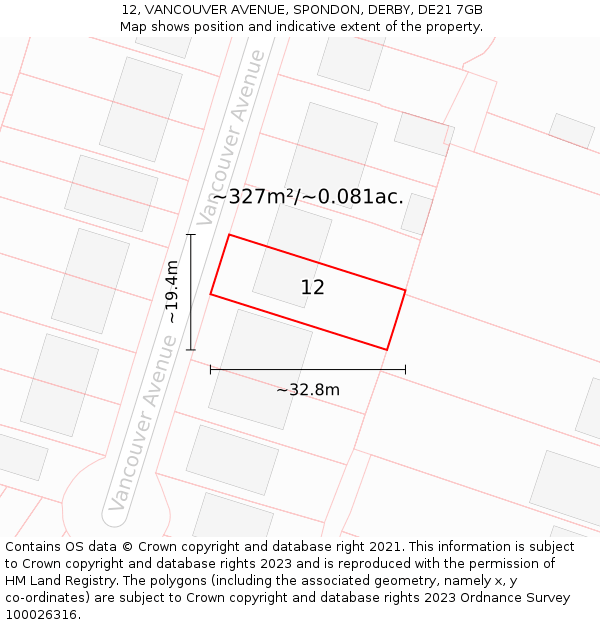 12, VANCOUVER AVENUE, SPONDON, DERBY, DE21 7GB: Plot and title map