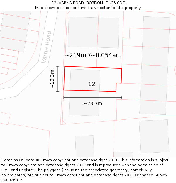 12, VARNA ROAD, BORDON, GU35 0DG: Plot and title map