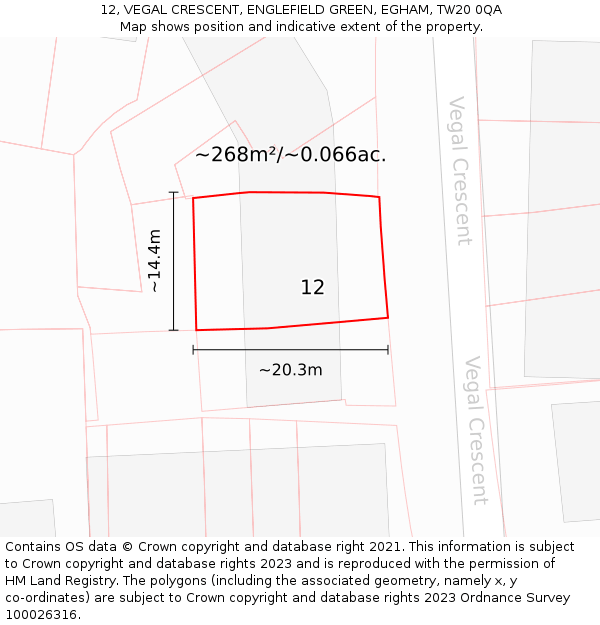 12, VEGAL CRESCENT, ENGLEFIELD GREEN, EGHAM, TW20 0QA: Plot and title map