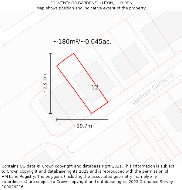 12, VENTNOR GARDENS, LUTON, LU3 3SN: Plot and title map