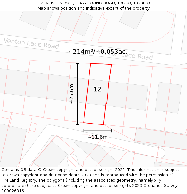 12, VENTONLACE, GRAMPOUND ROAD, TRURO, TR2 4EQ: Plot and title map