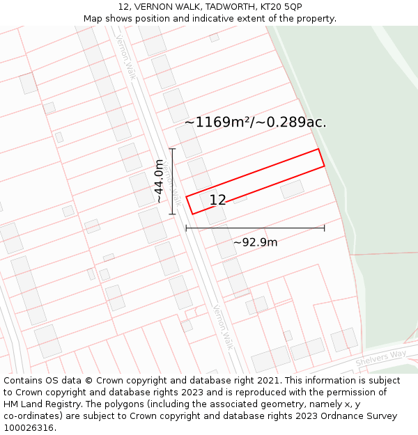 12, VERNON WALK, TADWORTH, KT20 5QP: Plot and title map