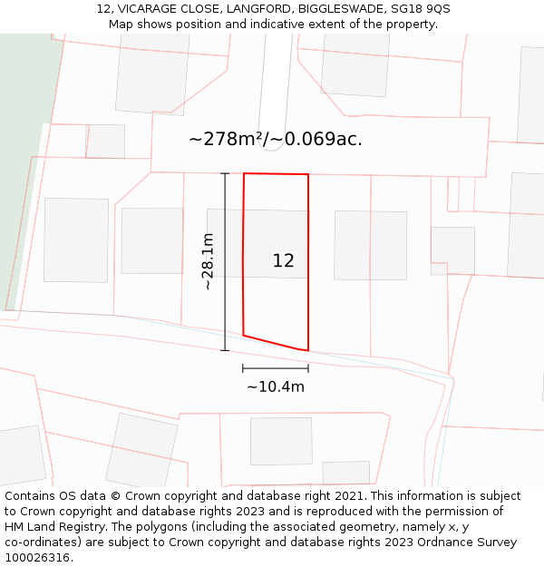 12, VICARAGE CLOSE, LANGFORD, BIGGLESWADE, SG18 9QS: Plot and title map