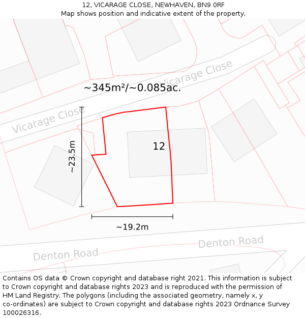 12, VICARAGE CLOSE, NEWHAVEN, BN9 0RF: Plot and title map