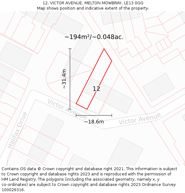 12, VICTOR AVENUE, MELTON MOWBRAY, LE13 0GG: Plot and title map
