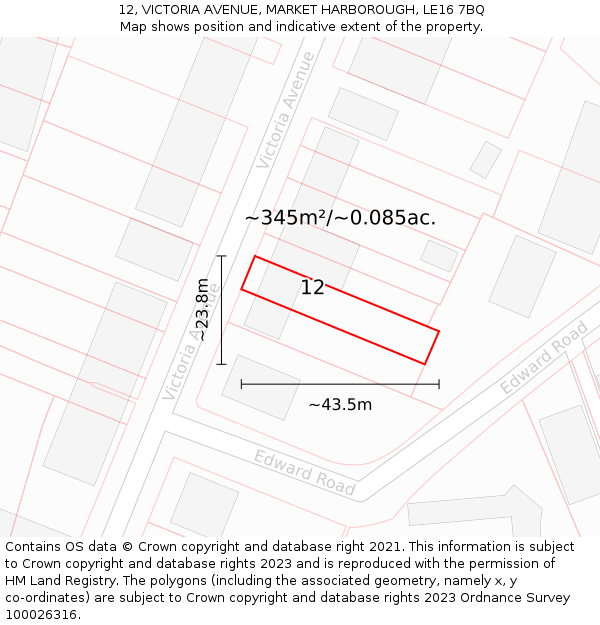 12, VICTORIA AVENUE, MARKET HARBOROUGH, LE16 7BQ: Plot and title map