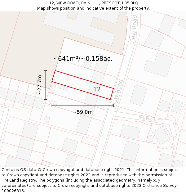 12, VIEW ROAD, RAINHILL, PRESCOT, L35 0LQ: Plot and title map