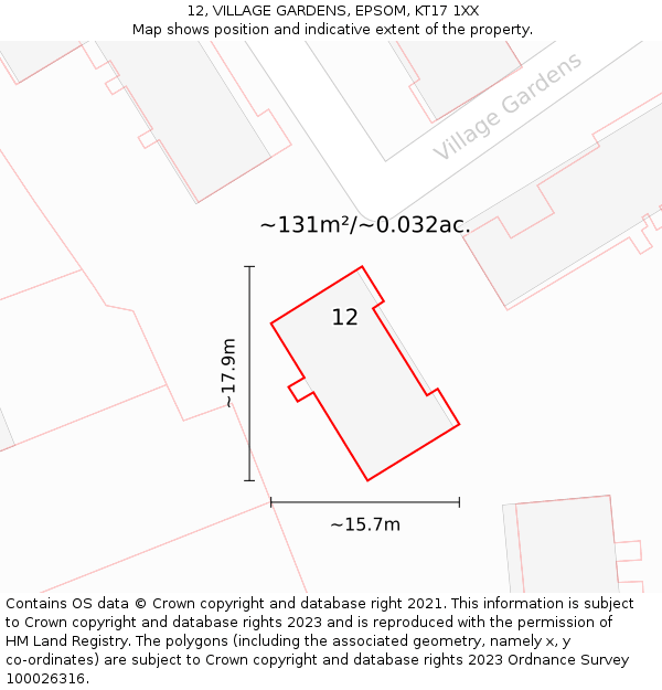 12, VILLAGE GARDENS, EPSOM, KT17 1XX: Plot and title map