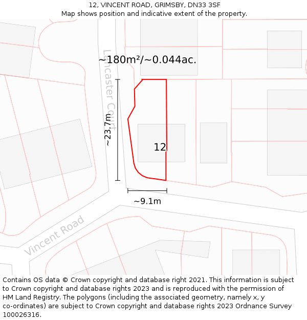 12, VINCENT ROAD, GRIMSBY, DN33 3SF: Plot and title map