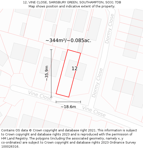 12, VINE CLOSE, SARISBURY GREEN, SOUTHAMPTON, SO31 7DB: Plot and title map