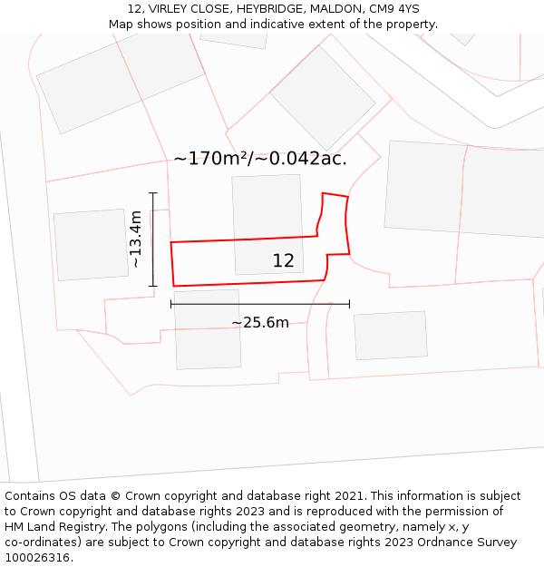 12, VIRLEY CLOSE, HEYBRIDGE, MALDON, CM9 4YS: Plot and title map
