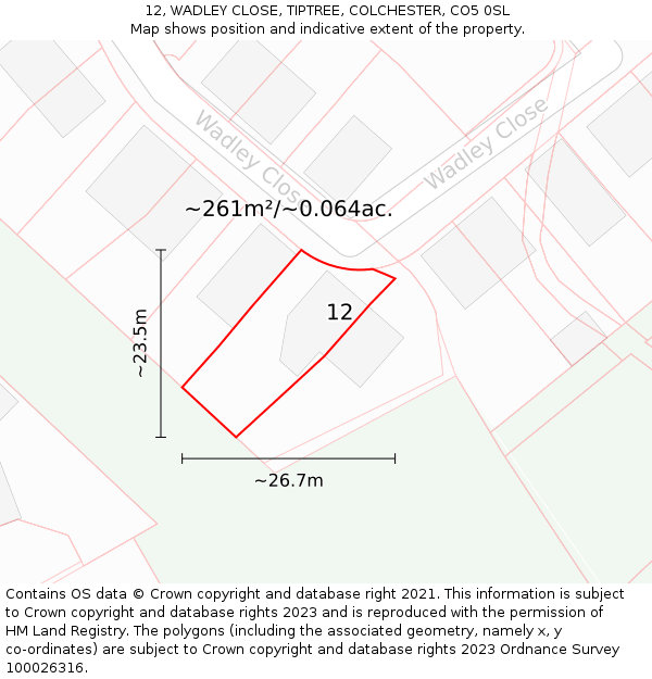 12, WADLEY CLOSE, TIPTREE, COLCHESTER, CO5 0SL: Plot and title map