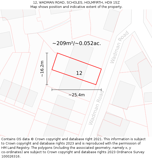 12, WADMAN ROAD, SCHOLES, HOLMFIRTH, HD9 1SZ: Plot and title map