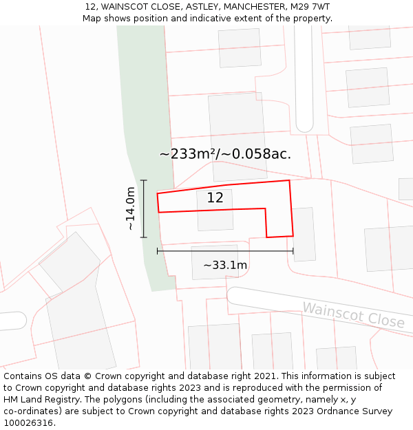 12, WAINSCOT CLOSE, ASTLEY, MANCHESTER, M29 7WT: Plot and title map