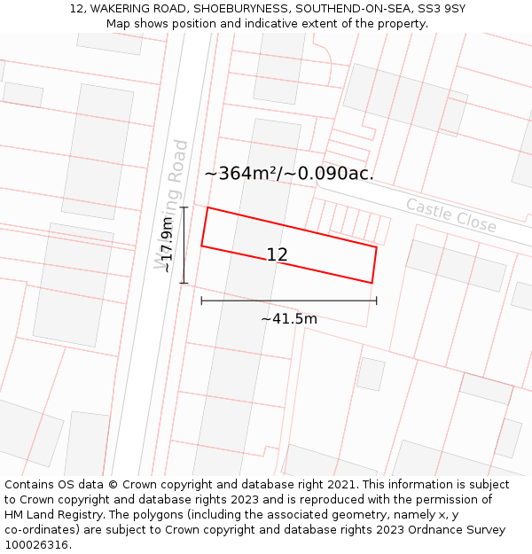 12, WAKERING ROAD, SHOEBURYNESS, SOUTHEND-ON-SEA, SS3 9SY: Plot and title map
