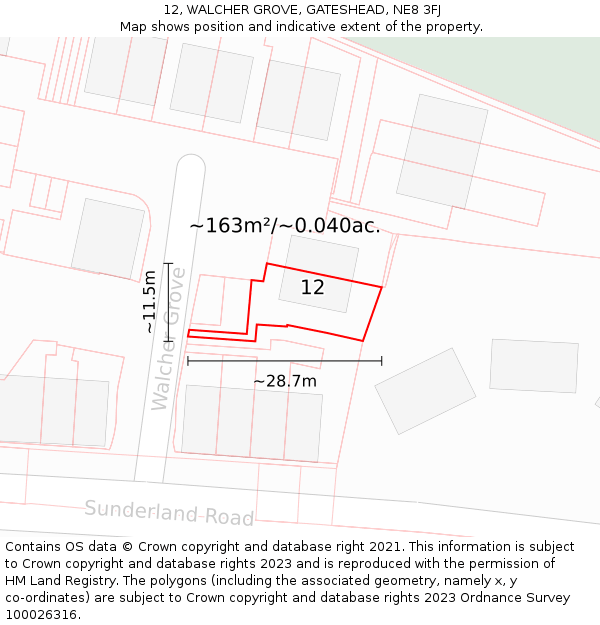 12, WALCHER GROVE, GATESHEAD, NE8 3FJ: Plot and title map