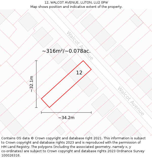 12, WALCOT AVENUE, LUTON, LU2 0PW: Plot and title map