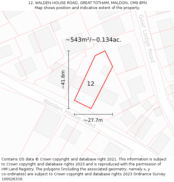 12, WALDEN HOUSE ROAD, GREAT TOTHAM, MALDON, CM9 8PN: Plot and title map