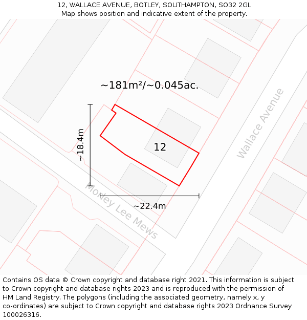 12, WALLACE AVENUE, BOTLEY, SOUTHAMPTON, SO32 2GL: Plot and title map