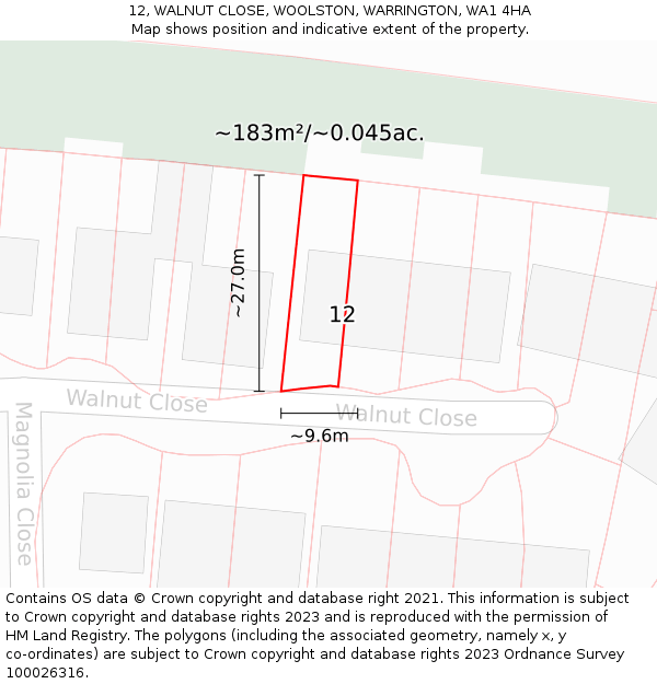 12, WALNUT CLOSE, WOOLSTON, WARRINGTON, WA1 4HA: Plot and title map