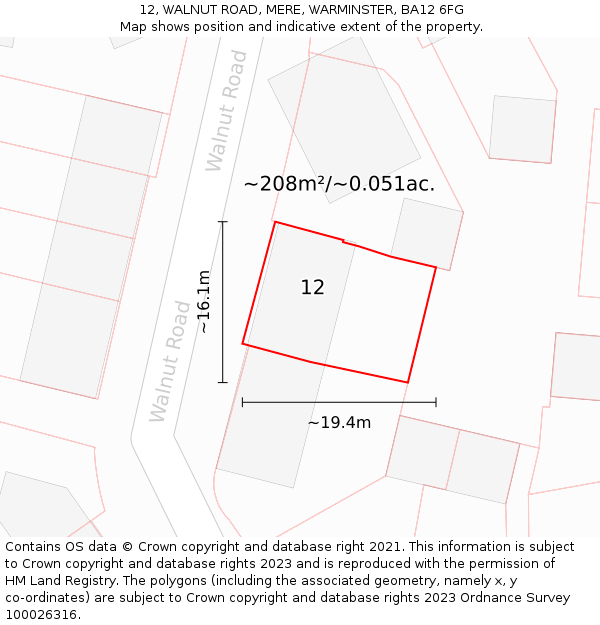 12, WALNUT ROAD, MERE, WARMINSTER, BA12 6FG: Plot and title map