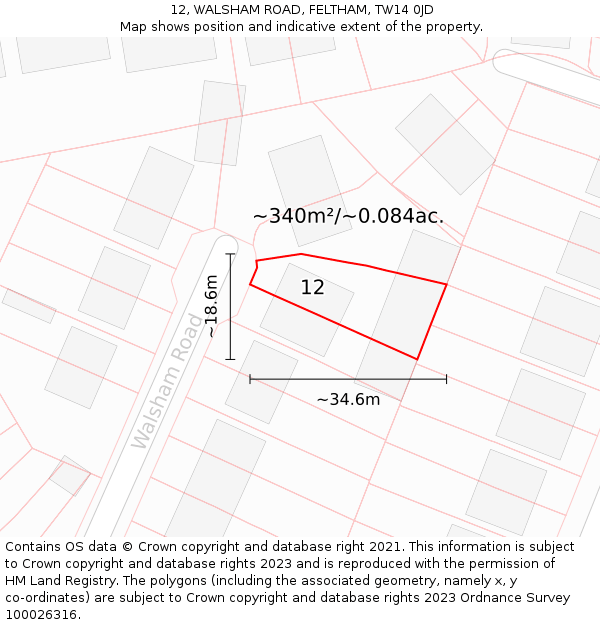 12, WALSHAM ROAD, FELTHAM, TW14 0JD: Plot and title map