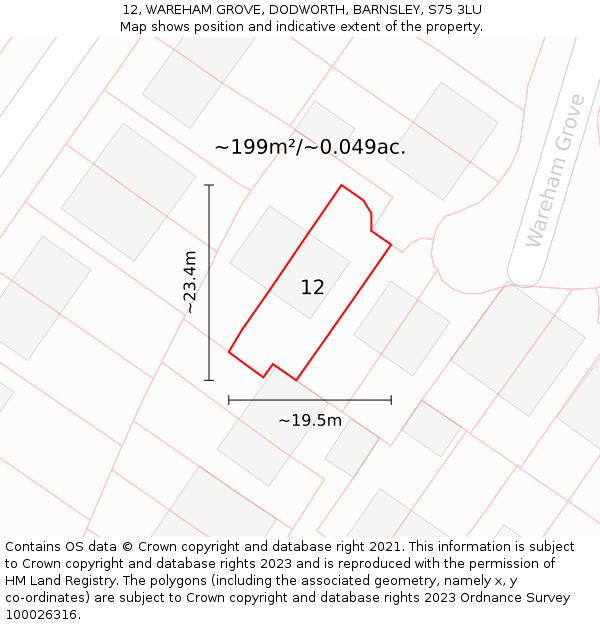 12, WAREHAM GROVE, DODWORTH, BARNSLEY, S75 3LU: Plot and title map
