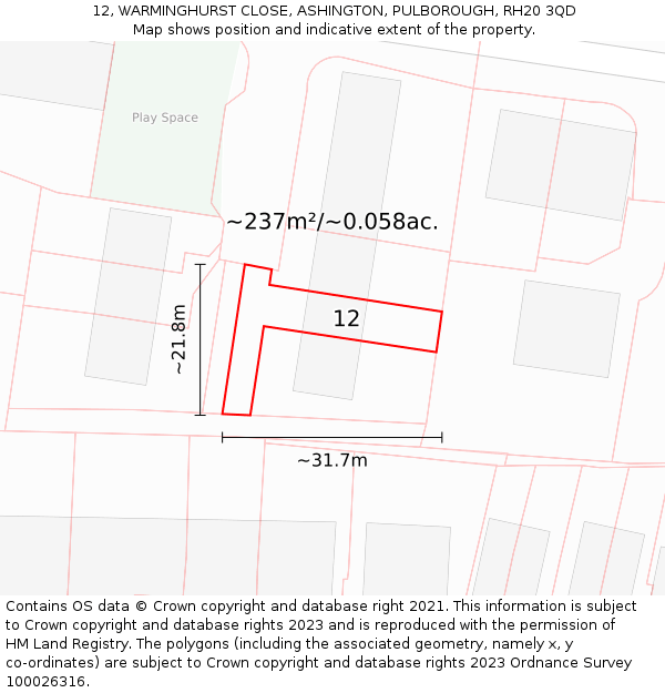 12, WARMINGHURST CLOSE, ASHINGTON, PULBOROUGH, RH20 3QD: Plot and title map