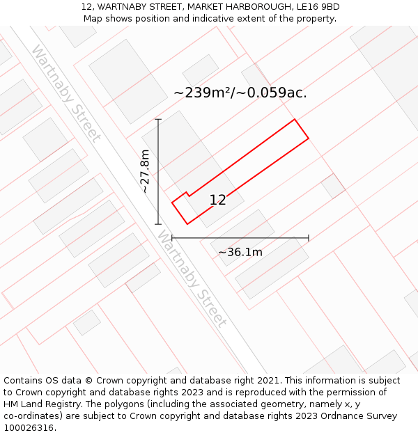 12, WARTNABY STREET, MARKET HARBOROUGH, LE16 9BD: Plot and title map