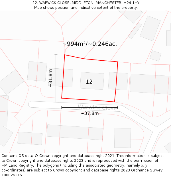 12, WARWICK CLOSE, MIDDLETON, MANCHESTER, M24 1HY: Plot and title map