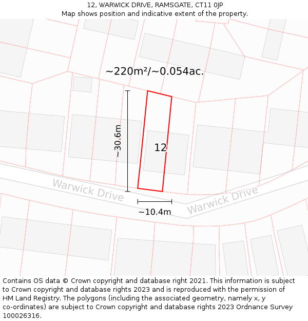 12, WARWICK DRIVE, RAMSGATE, CT11 0JP: Plot and title map