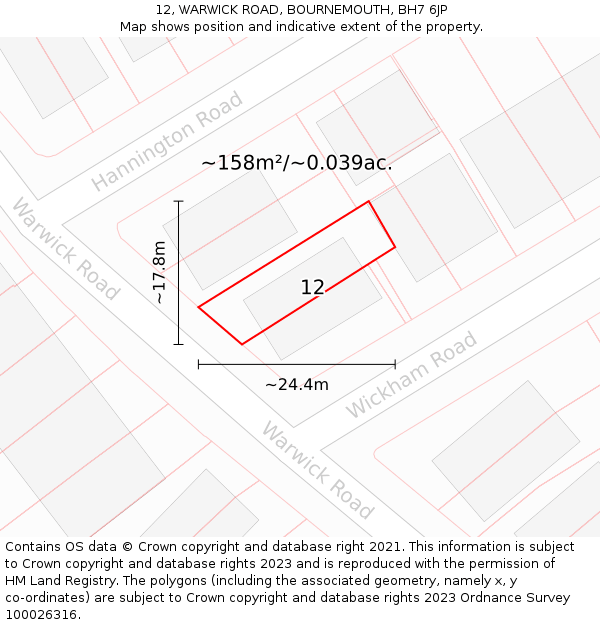 12, WARWICK ROAD, BOURNEMOUTH, BH7 6JP: Plot and title map