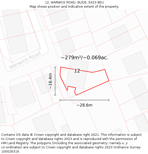 12, WARWICK ROAD, BUDE, EX23 8EU: Plot and title map
